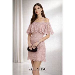 NWT. $3690 VALENTINO Cold-shoulder Ruffled Metallic Corded Lace Mini Dress Sz S